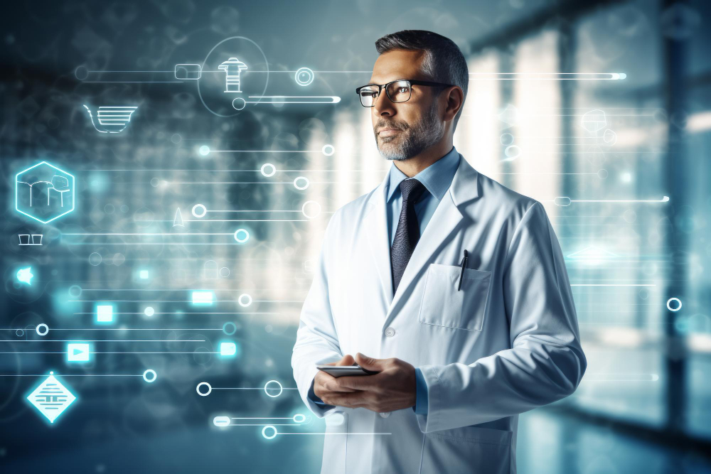 AI image of a doctor standing with a phone in his hand with all sorts of holographic medical symbols floating around him for an advanced wound care article