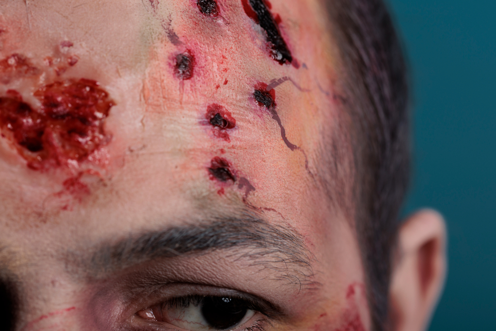 closeup partial image of a man's head with open wounds; article on myths about wound care